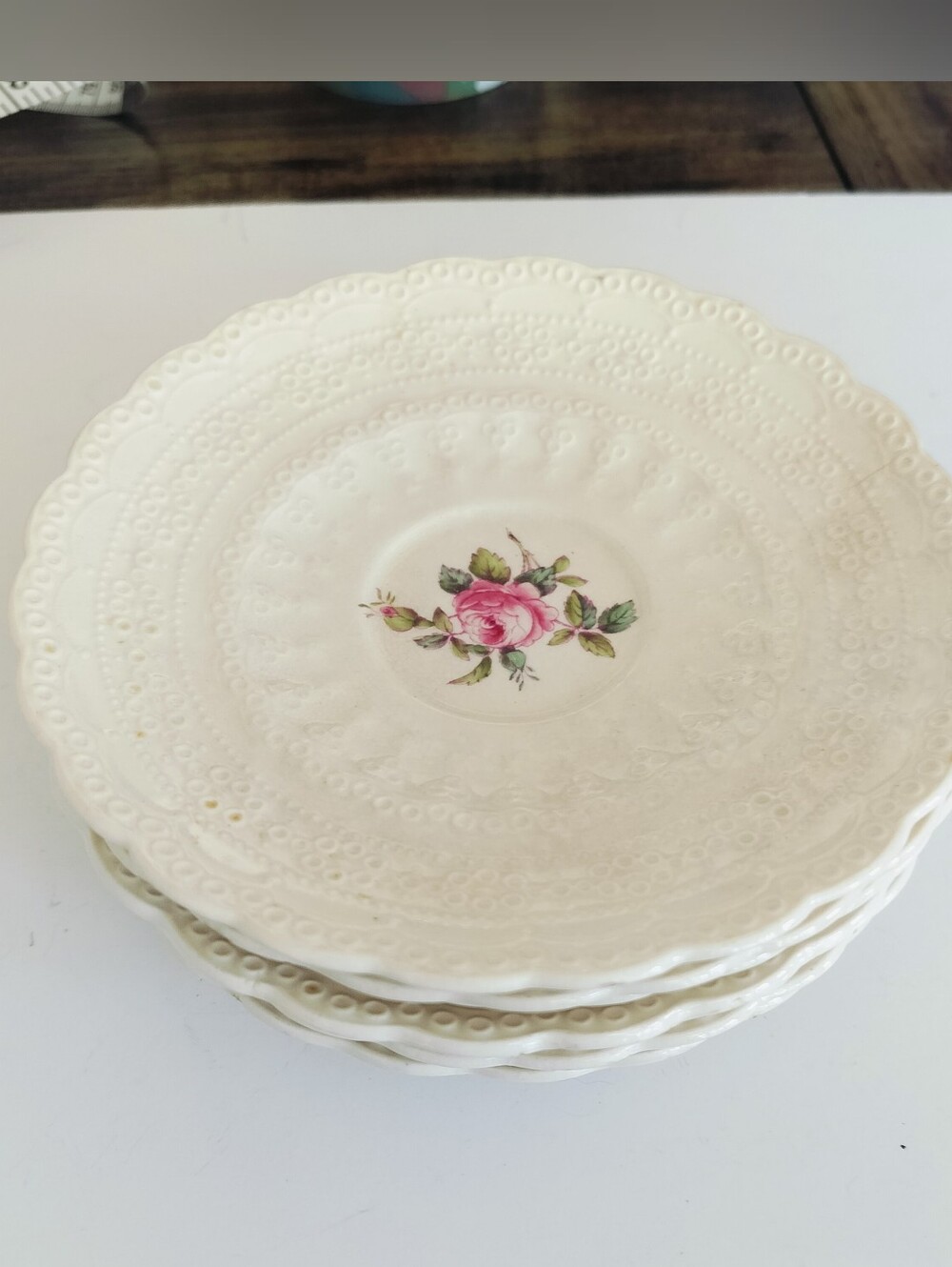 Vintage Spode Copeland Billingsley Rose Saucers Set of 7, Jewel Shape Pat. 1926